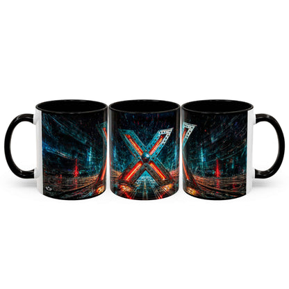 Three black mugs with a cyberpunk design on a white background