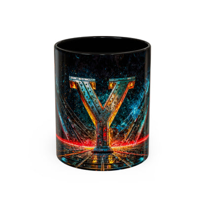Black mug with a cyberpunk letter  'Y' design on a white background