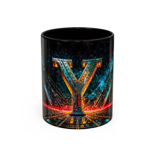 Black mug with a cyberpunk letter  'Y' design on a white background