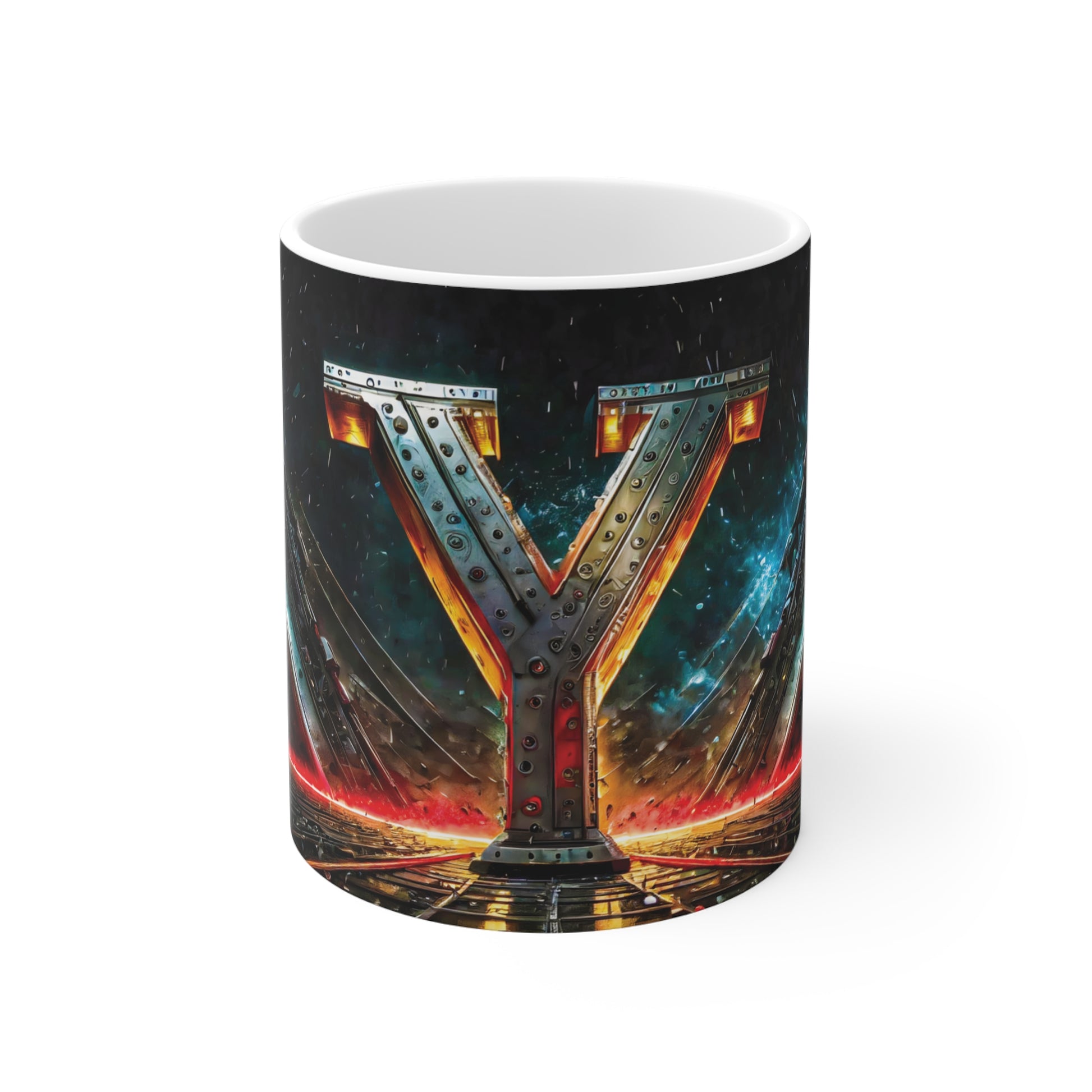 Cyberpunk Style Ceramic Mug with Printed Letter Y-1