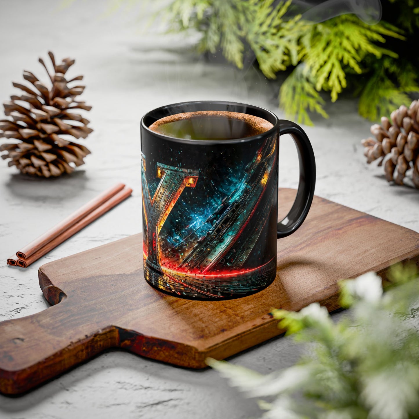 Black mug with cyberpunk design on a wooden cutting board with cinnamon sticks and pine cones.