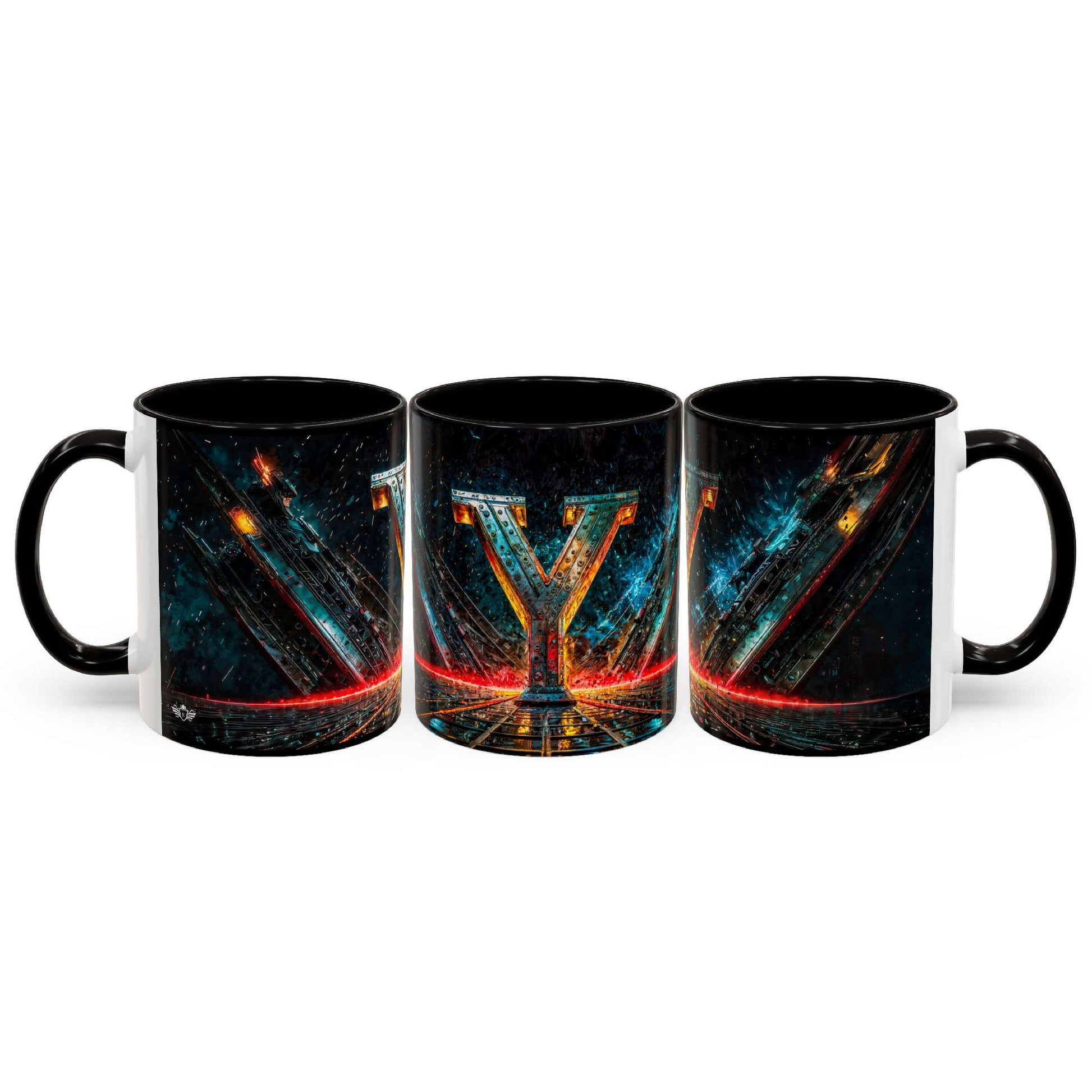 Three black mugs with a cyberpunk design on a white background