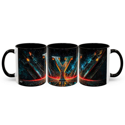 Three black mugs with a cyberpunk design on a white background