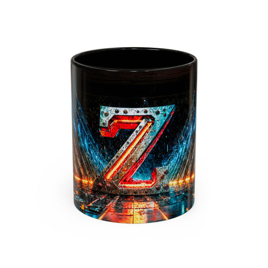 Black mug with a cyberpunk letter 'Z' design on a white background