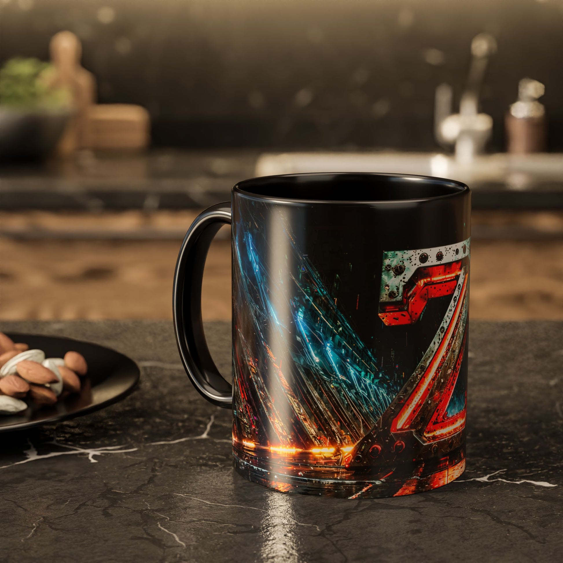 Black mug with a cyberpunk design on a dark surface