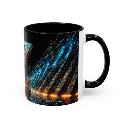 Black mug with a cyberpunkl abstract design on a white background
