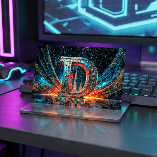 Postcard with cyberpunk letter D design on a reflective surface with a neon-lit background