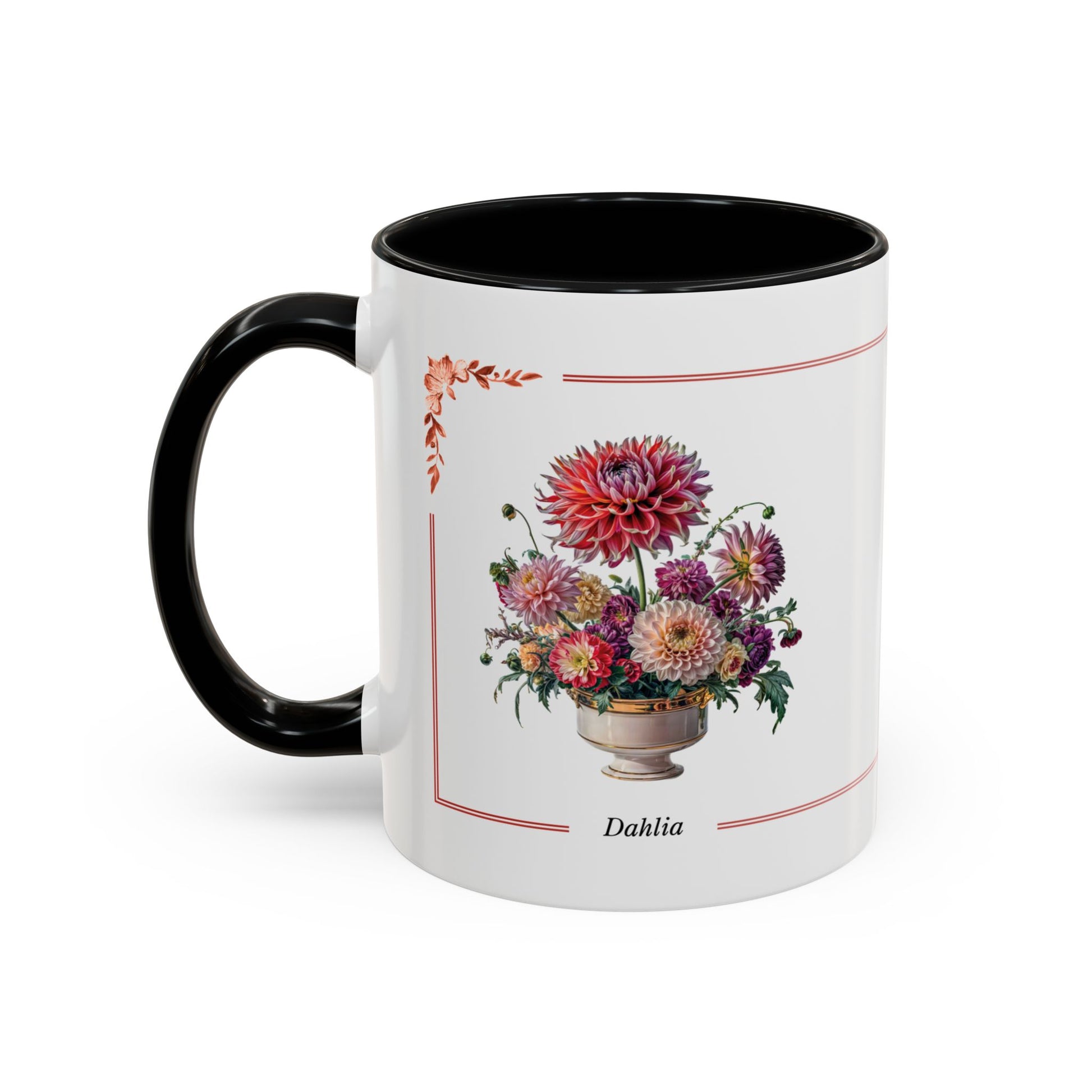 Mug with floral design and "Dahlia" text on a white background
