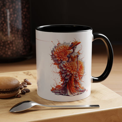 Mug with artistic design on a wooden surface with coffee beans and a spoon.