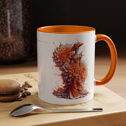 Mug with artistic design on a wooden surface with coffee beans and a spoon.