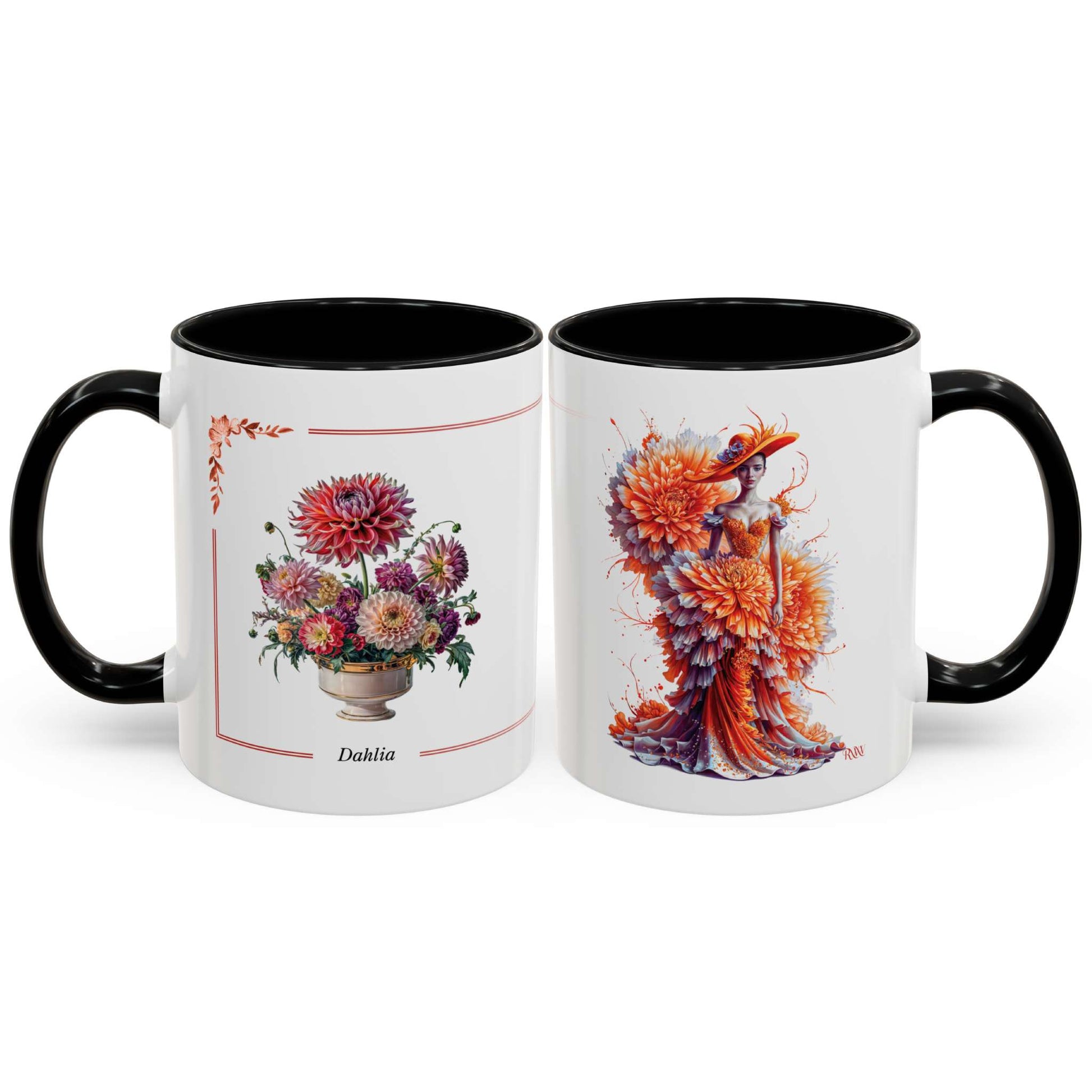 Two mugs with floral designs on a white background