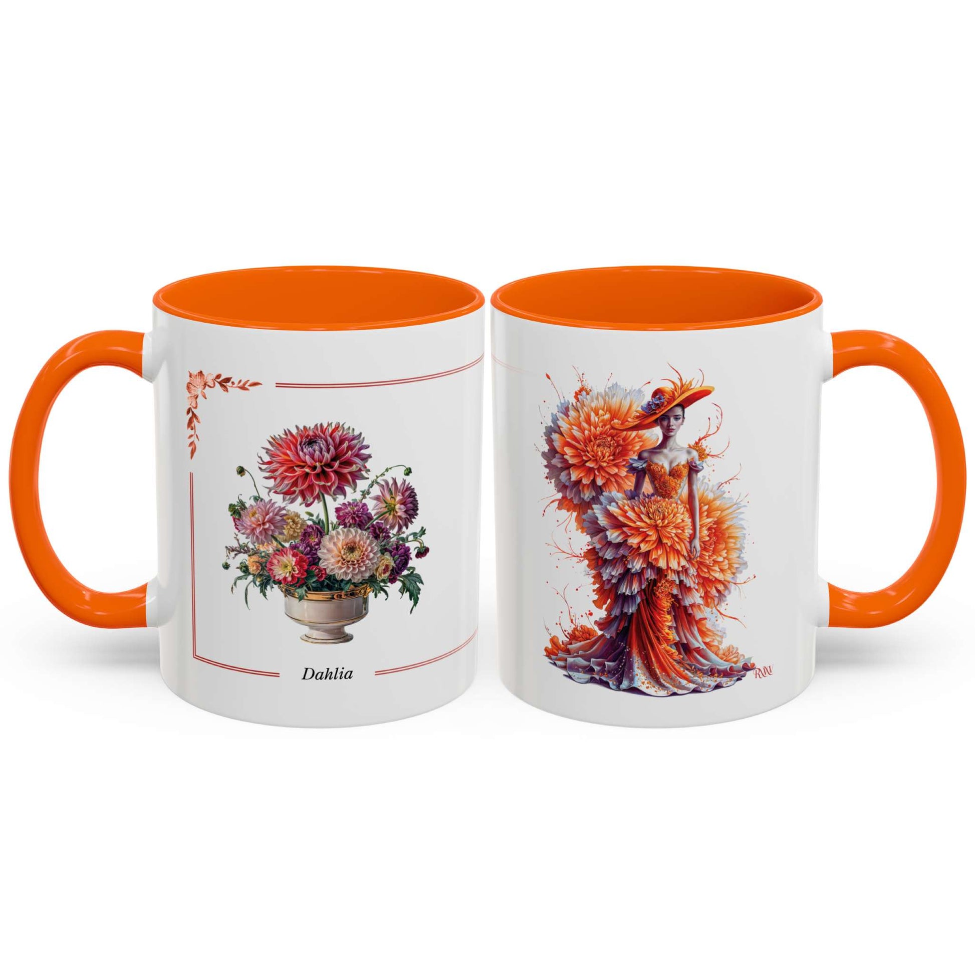 Two mugs with orange interior and handle, featuring floral designs on a white background.