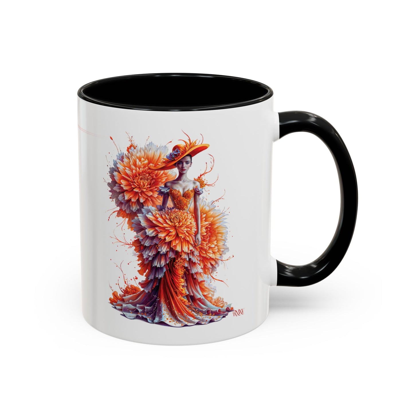Mug with a colorful design of a woman in a floral dress and hat on a white background