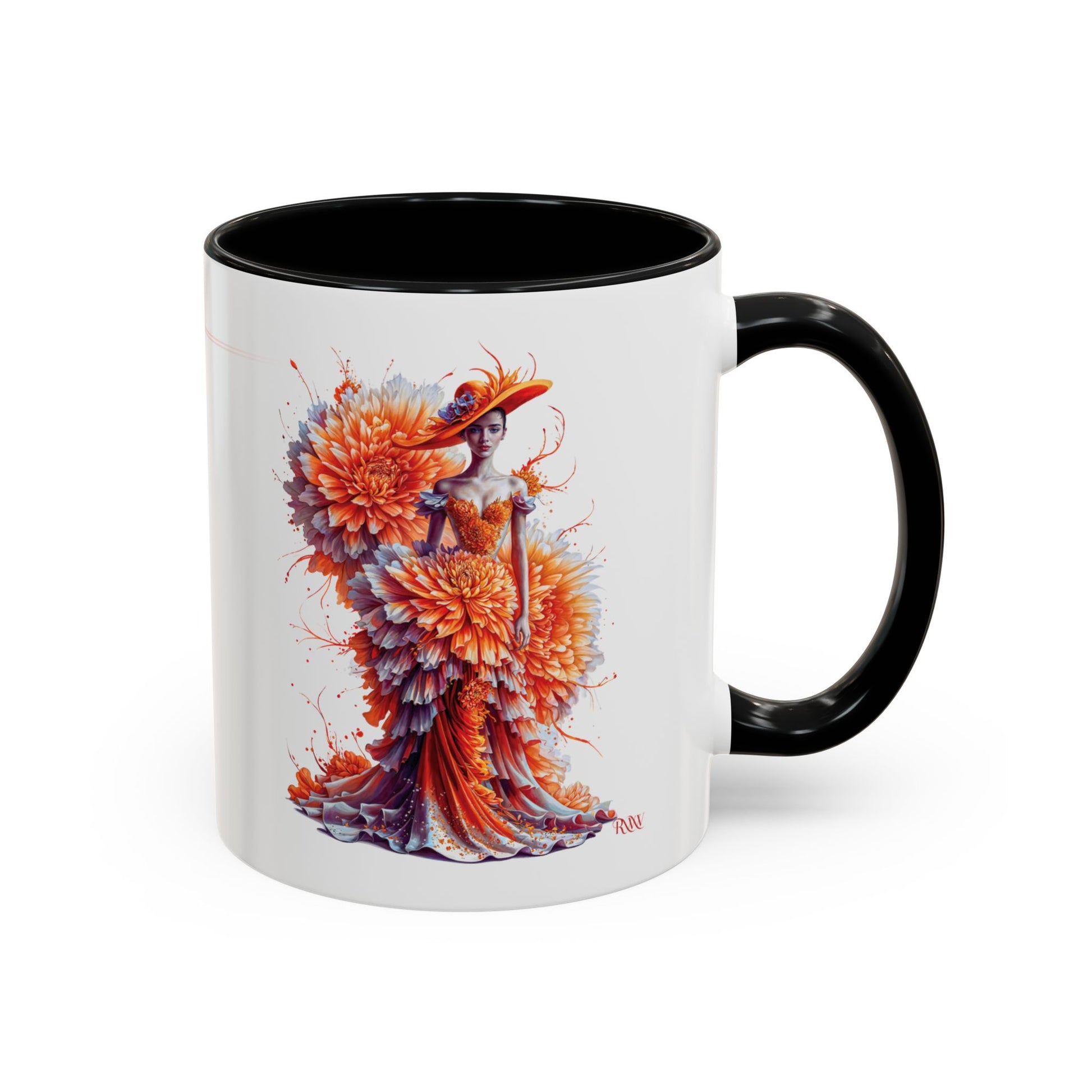 Mug with a colorful design of a woman in a floral dress and hat on a white background