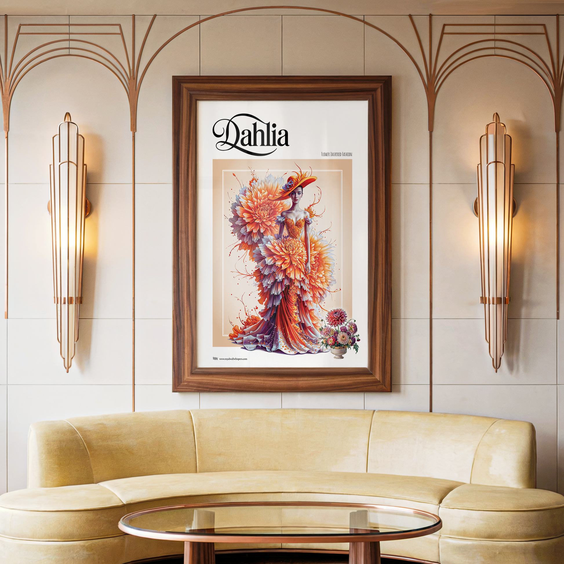 Framed artwork with a beautiful woman on a wall above a beige sofa.
