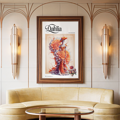 Framed artwork with a beautiful woman on a wall above a beige sofa.