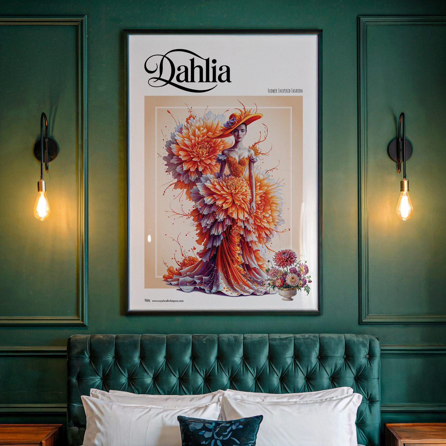 Framed artwork of a woman in a floral dress on a green wall above a green sofa.