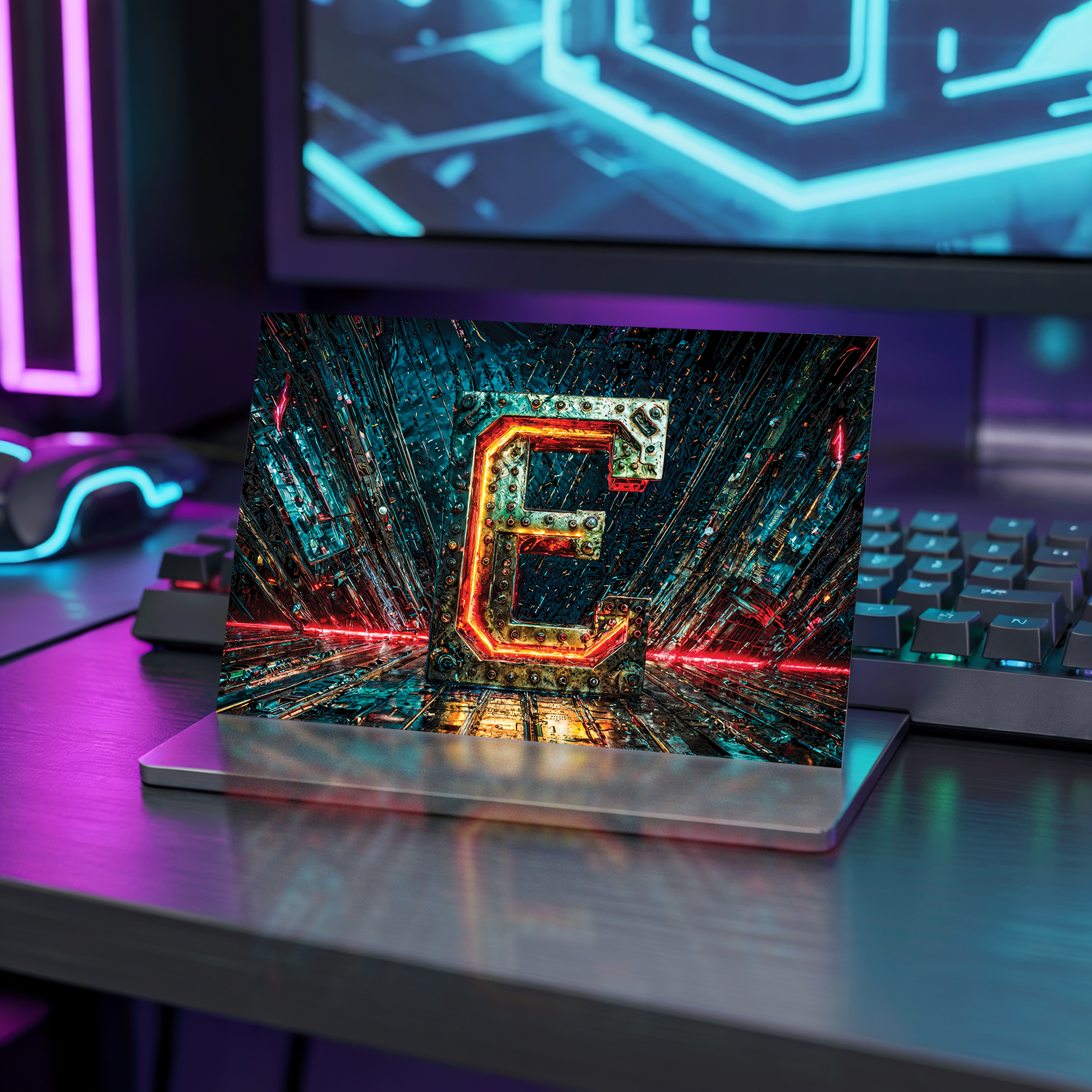 Postcard with cyberpunk letter 'E' design on a desk with neon lights