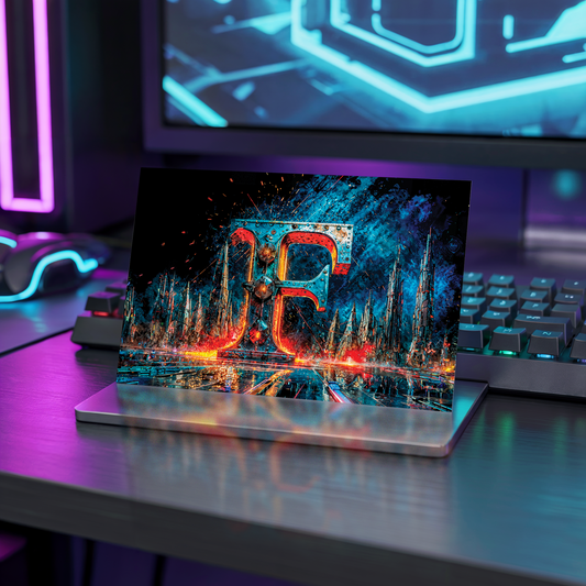Postcard with cyberpunk design of letter F on a stand in a futuristic setting with neon lights.
