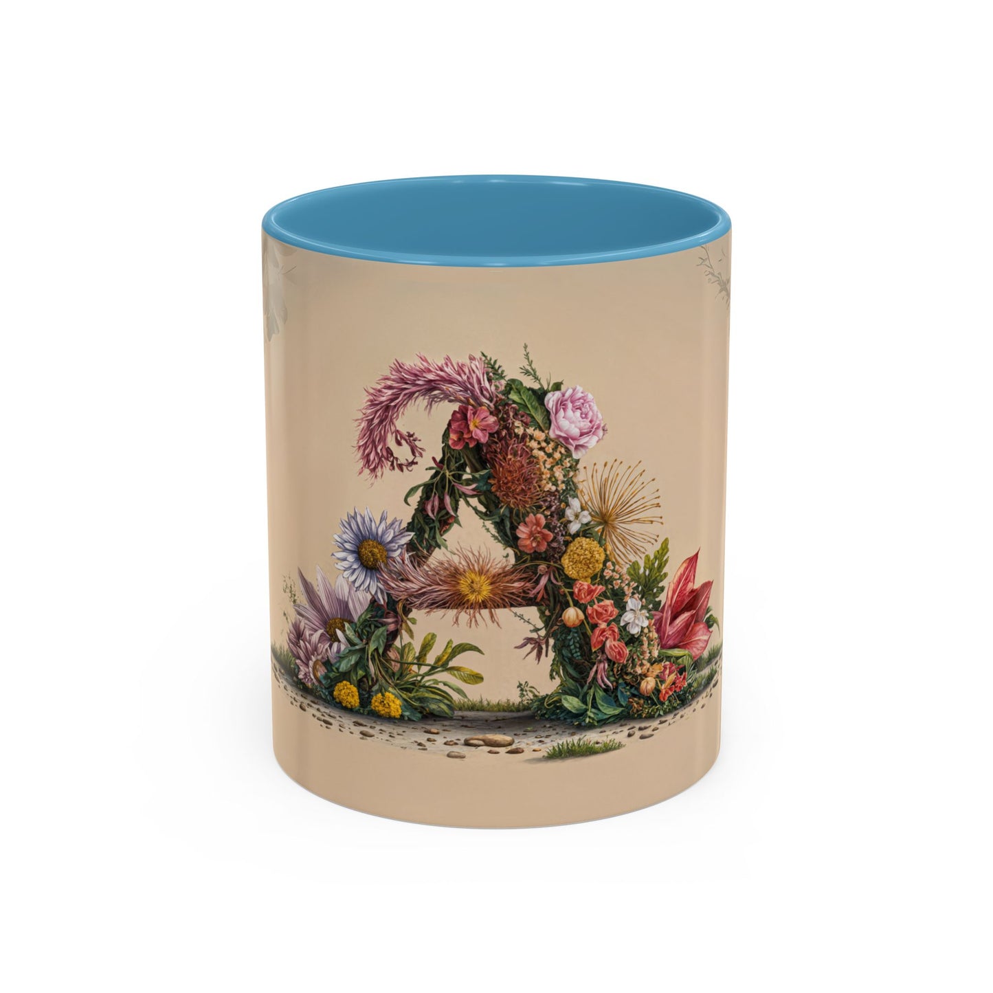 Mug with floral design and blue interior on beige background