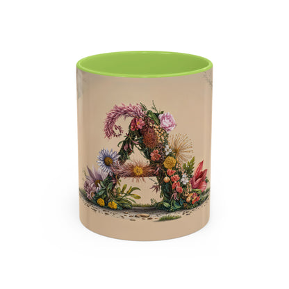 Mug with floral design and green interior on a beige background