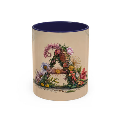 Mug with floral design and blue interior on beige background