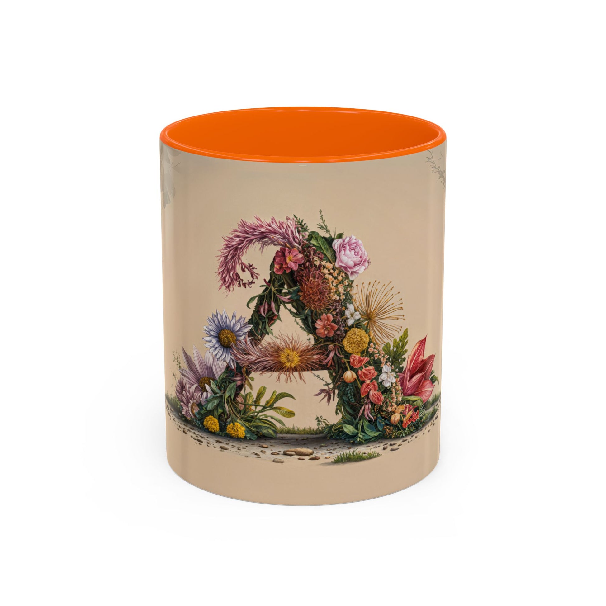 Mug with floral design and orange interior on beige background