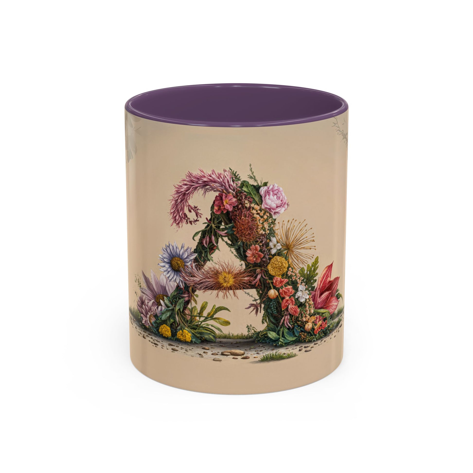 Decorative mug with floral design and purple interior on beige background