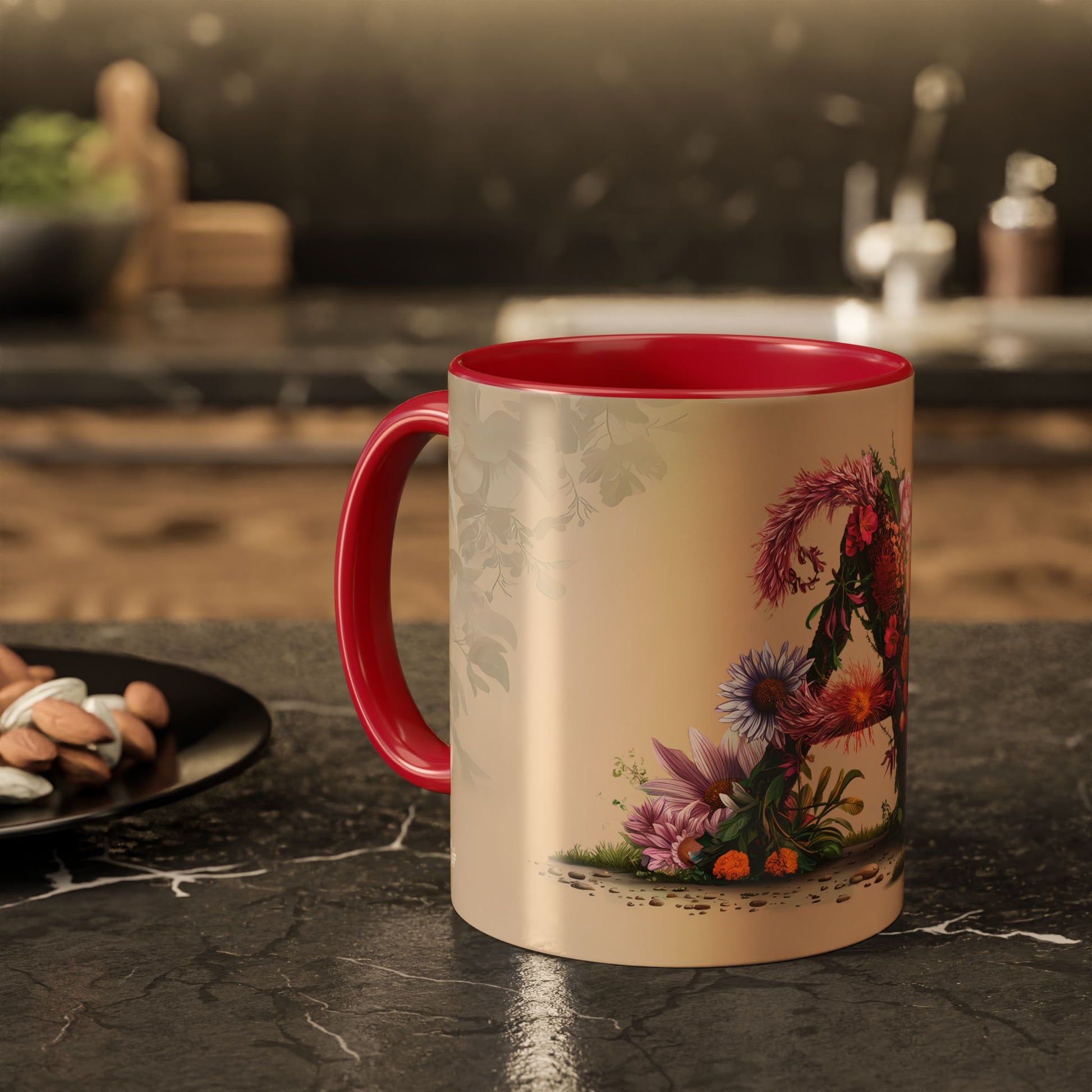 Mug with floral design on a kitchen table