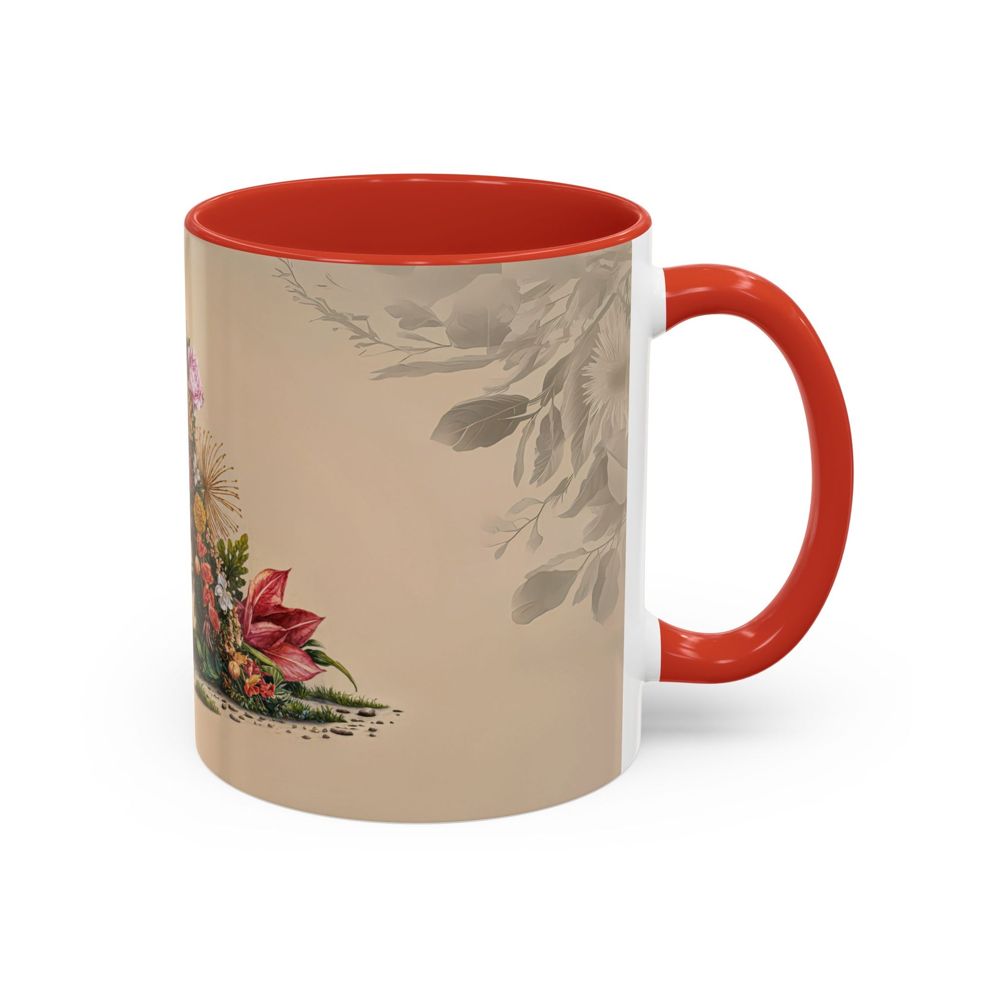 Mug with floral design and red handle on a beige background