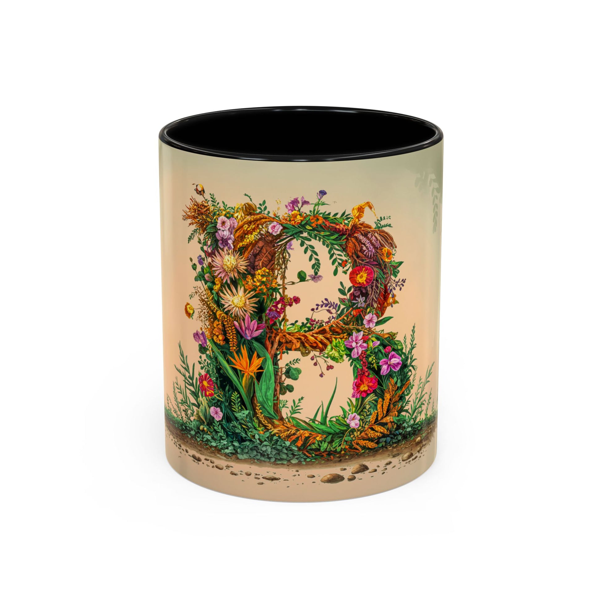 Decorative mug with floral and leaf design on a beige background