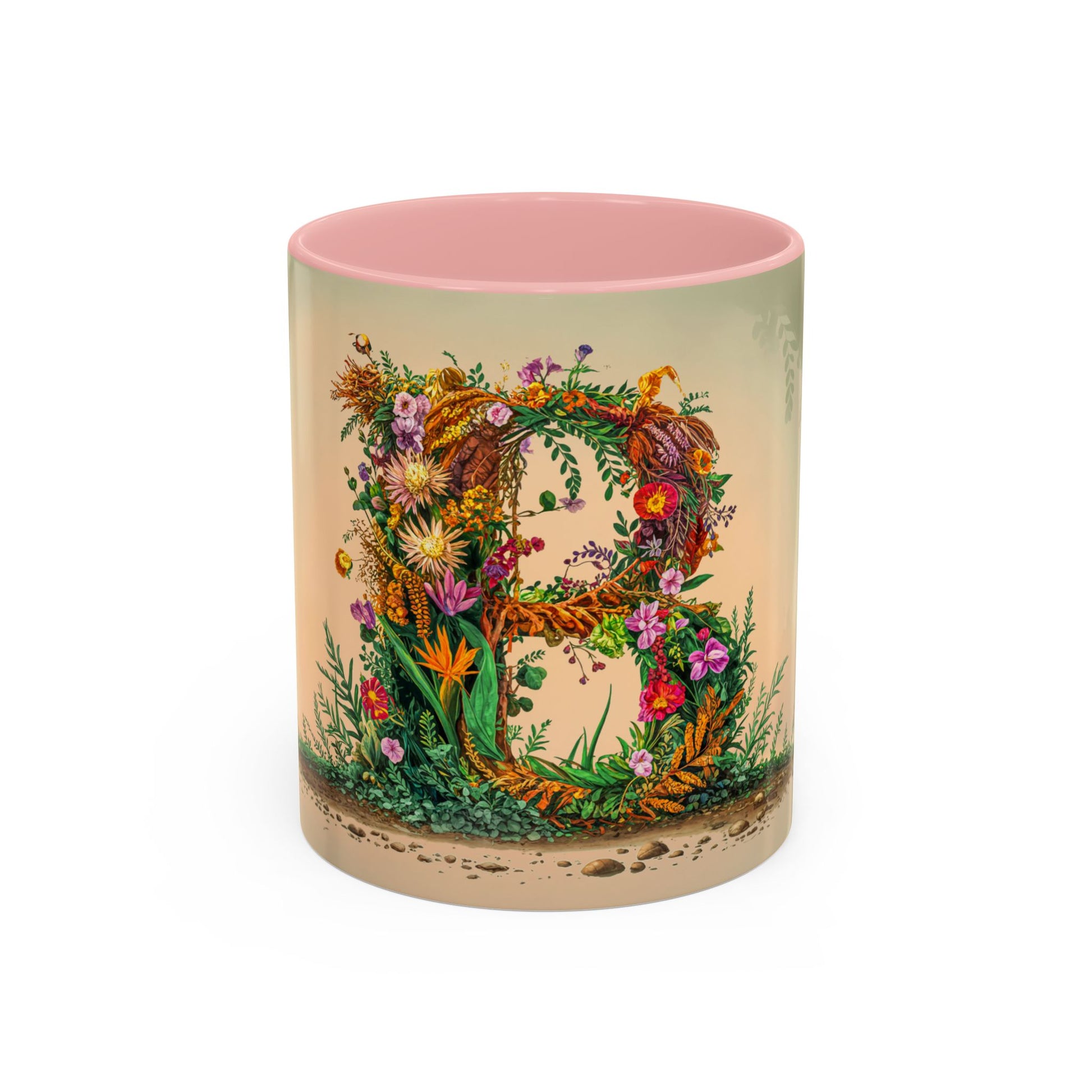 Mug with floral design and pink interior on a white background