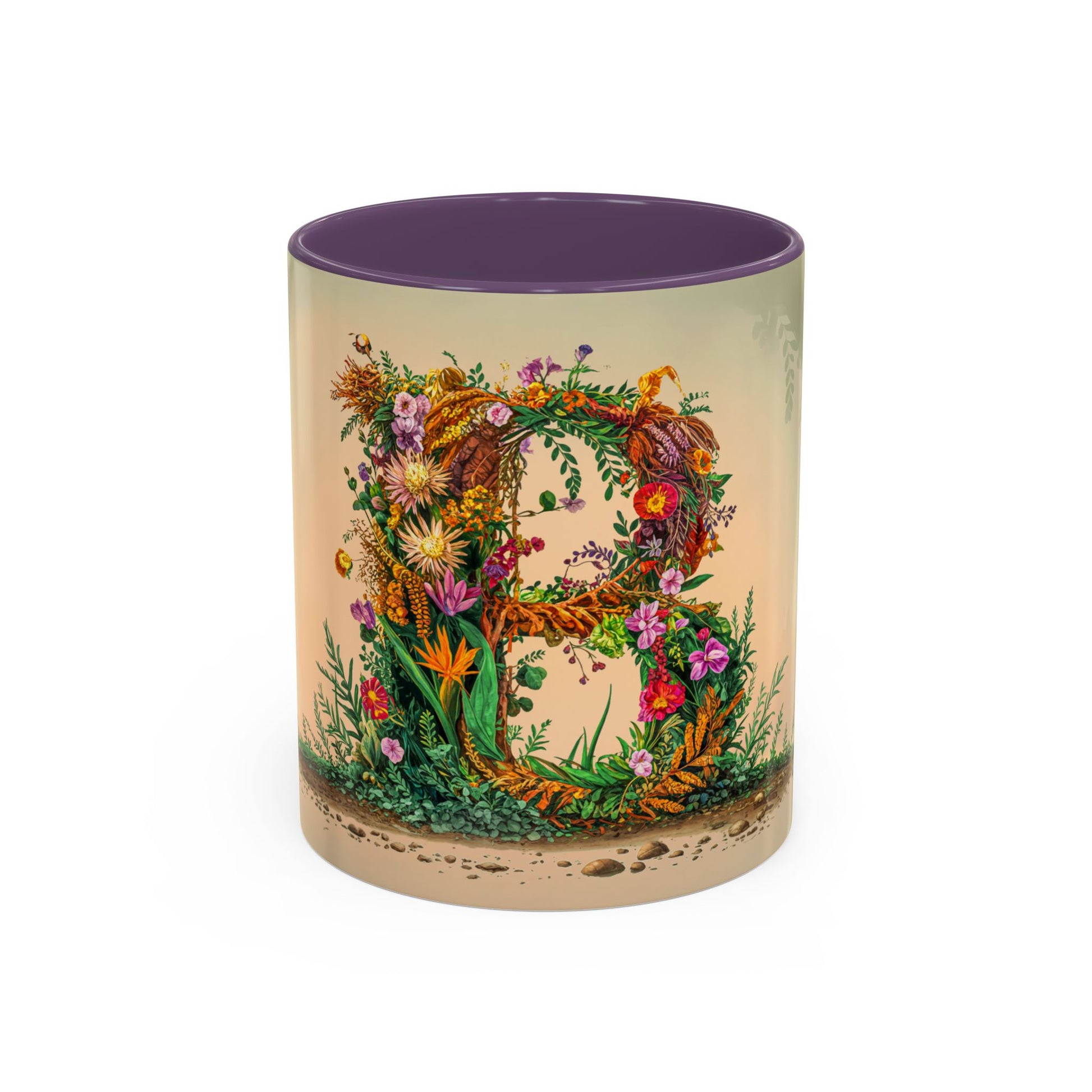 Decorative mug with floral design and purple interior on a beige background