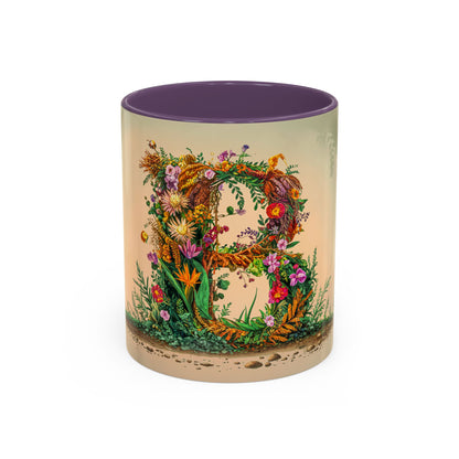 Decorative mug with floral design and purple interior on a beige background
