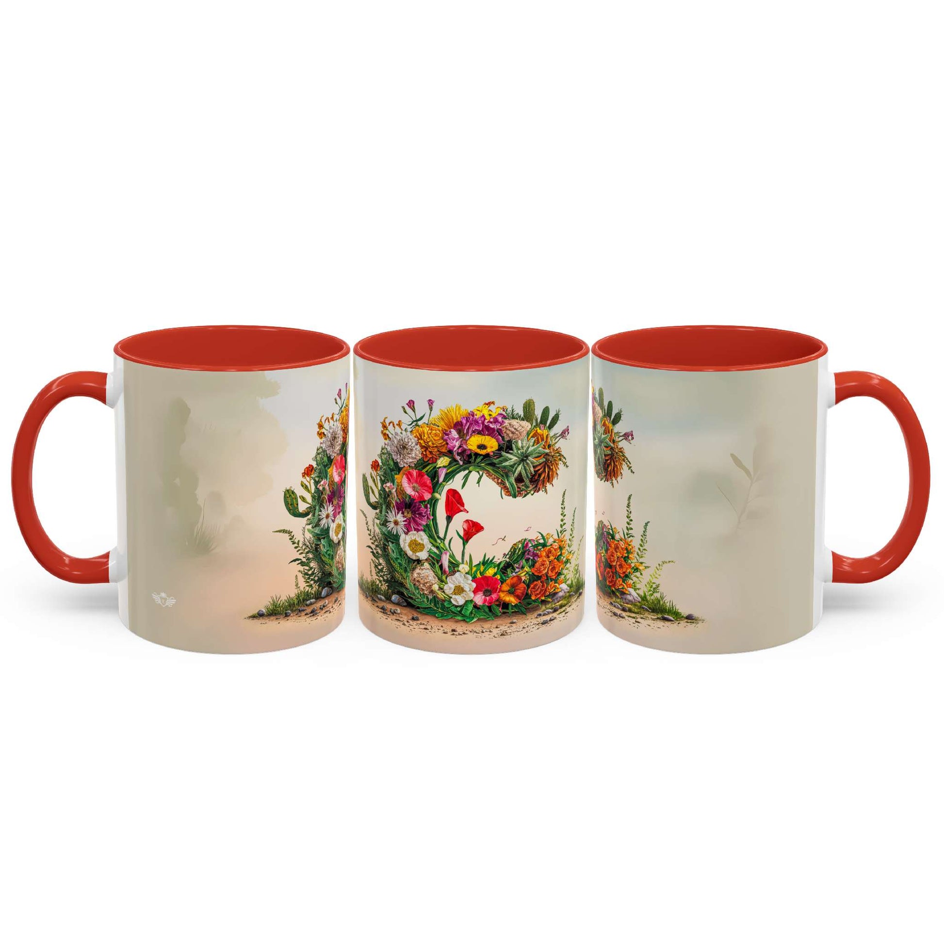 Three mugs with floral designs on a white background