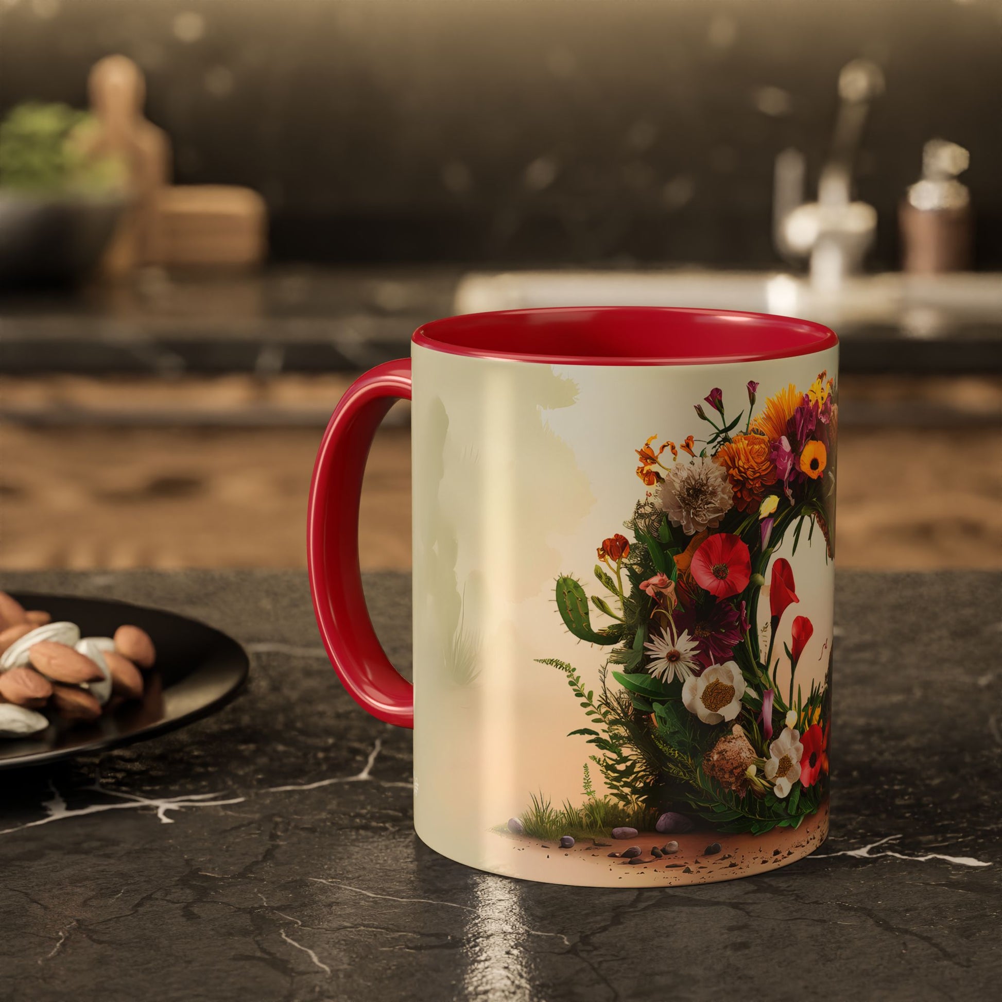 Mug with floral design on a kitchen table