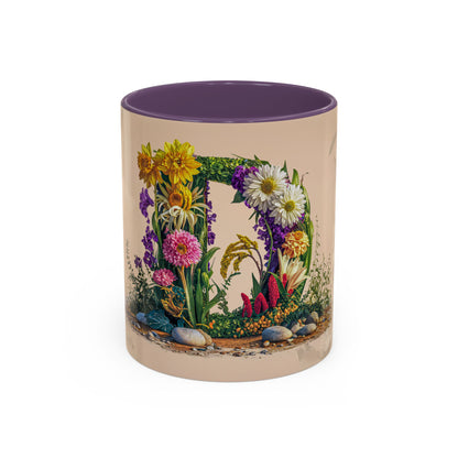 Mug with floral design and purple interior on a white background
