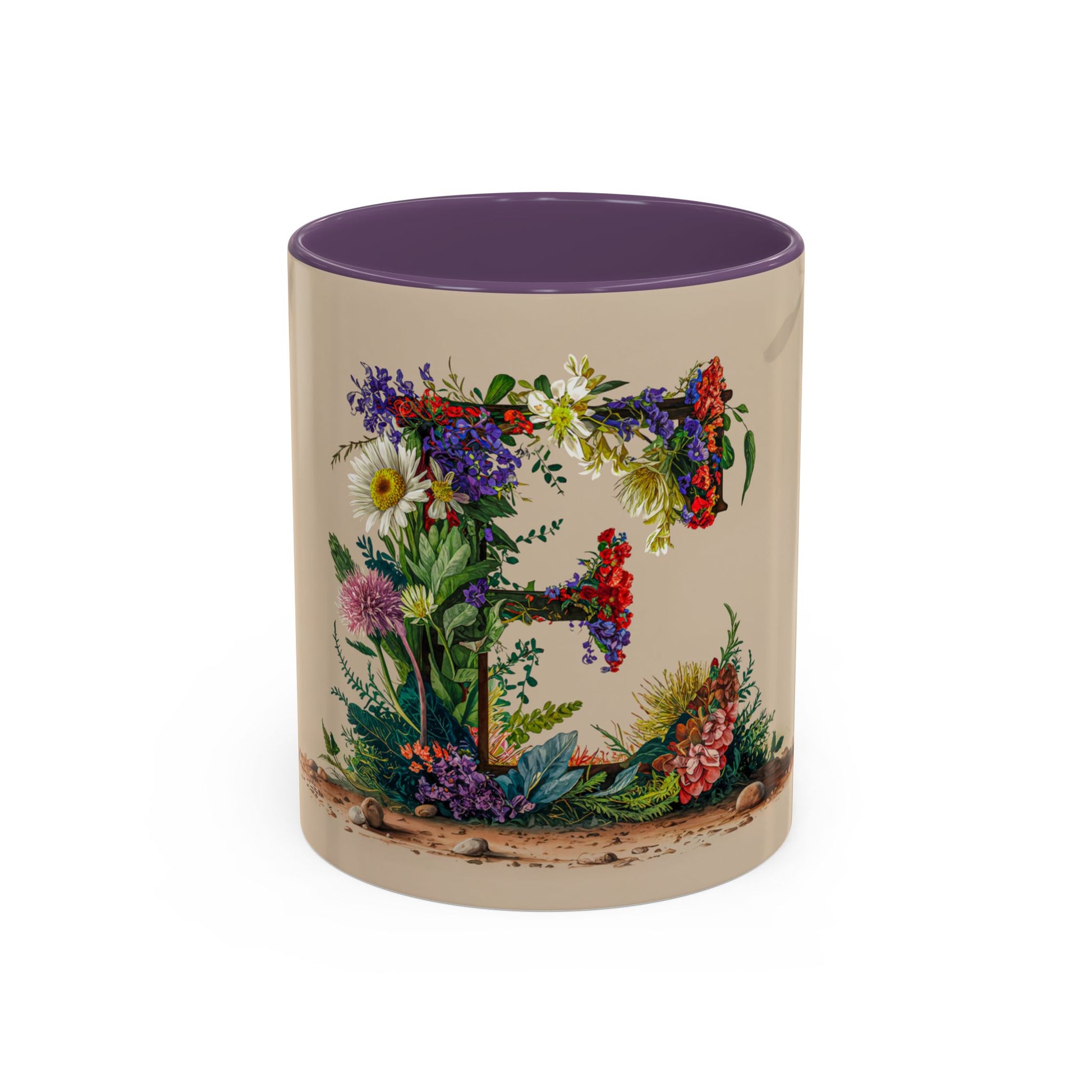 Mug with floral design and purple interior on a white background