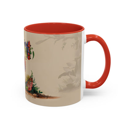 Mug with a floral design and red interior and handle
