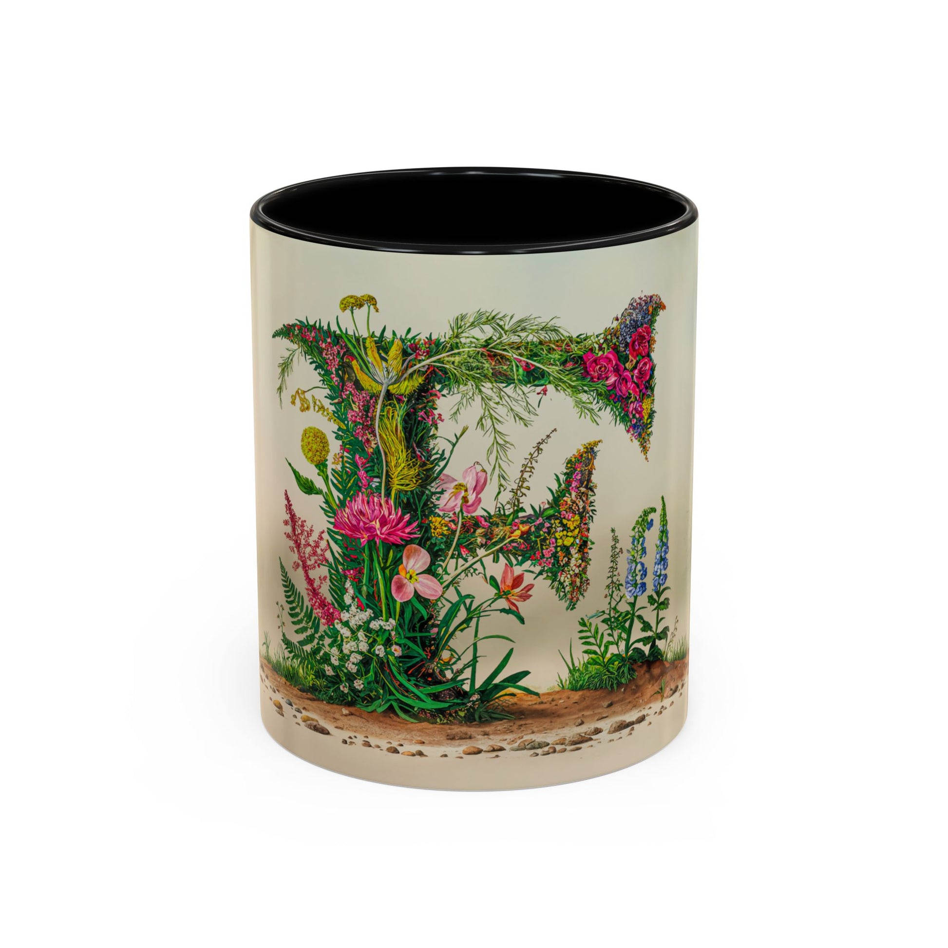 Mug with floral design and letter F on a white background