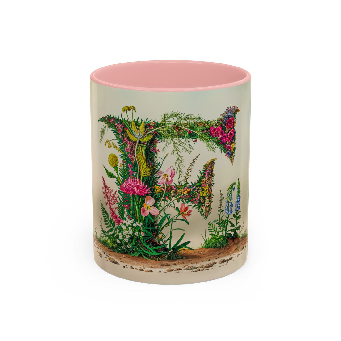 Mug with floral design and letter 'F' on a white background