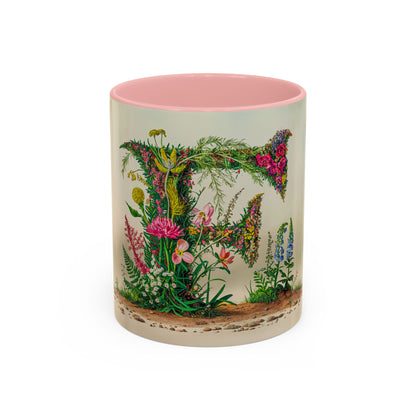 Mug with floral design and letter 'F' on a white background