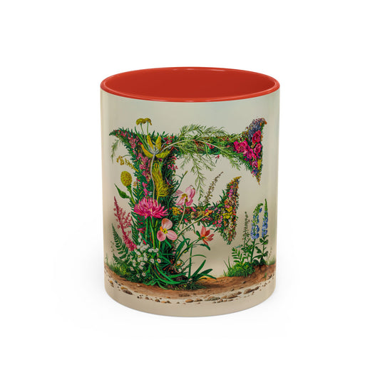 Mug with floral design and letter F' on a white background