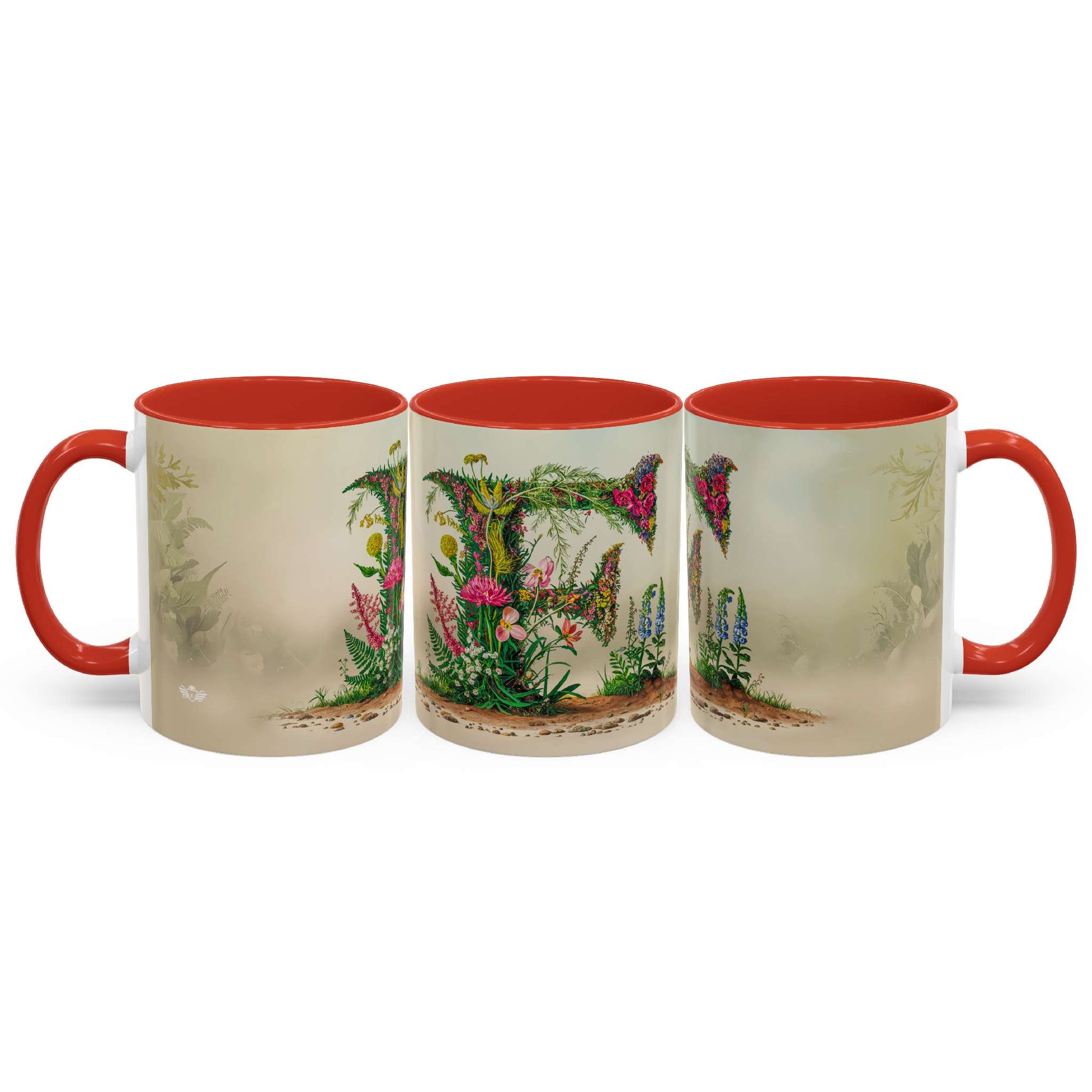 Three mugs with red interiors and handles, featuring nature-themed designs on a white background.