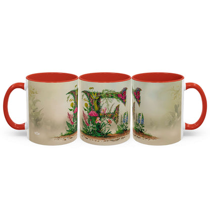 Three mugs with red interiors and handles, featuring nature-themed designs on a white background.
