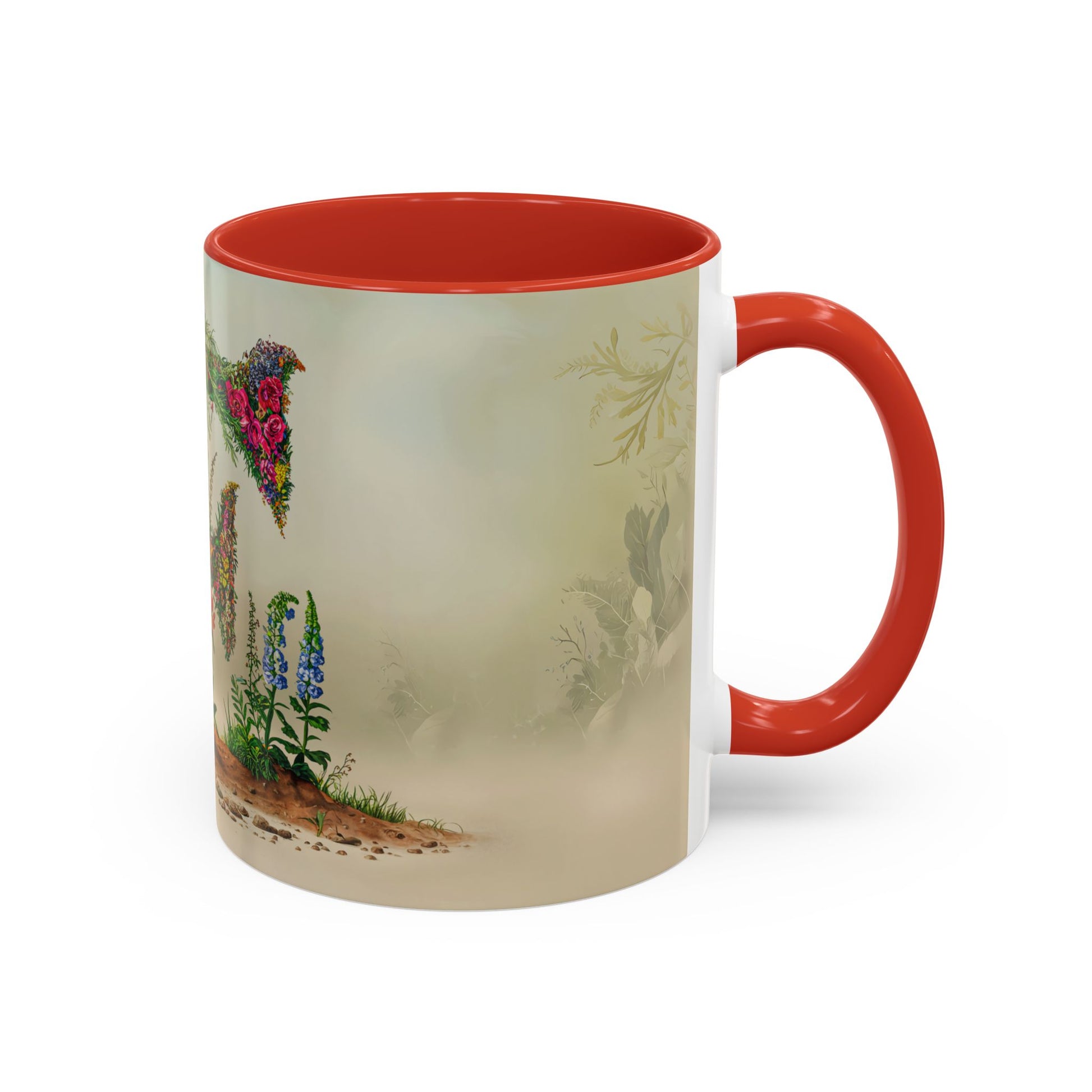 Mug with red interior and handle featuring floral design on a white background
