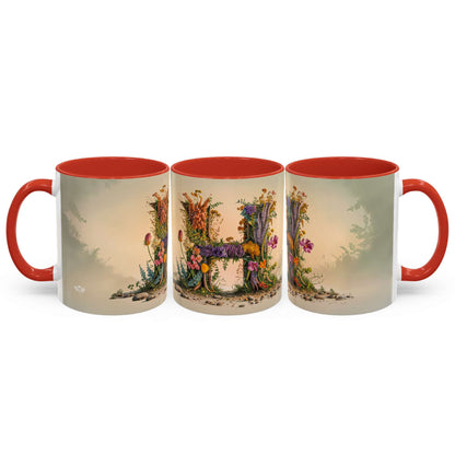 Three mugs with floral designs and red interiors on a white background