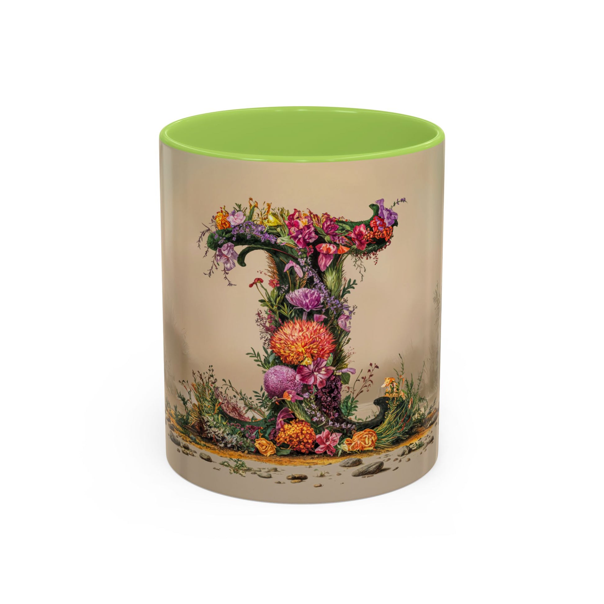 Mug with floral design and green interior on beige background