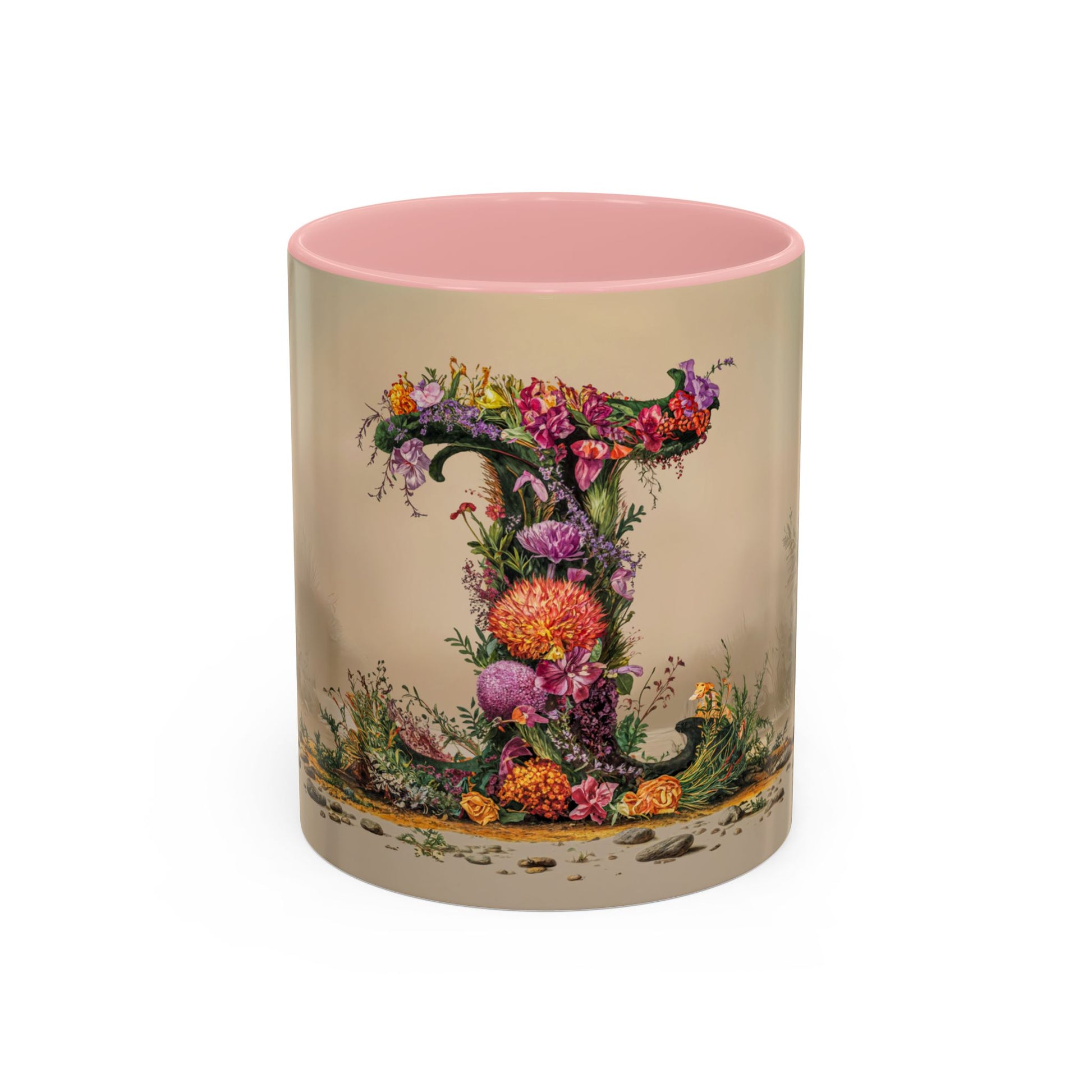 Mug with floral design and pink interior on beige background