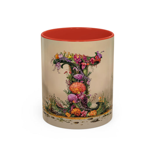 Mug with floral design and red interior on beige background